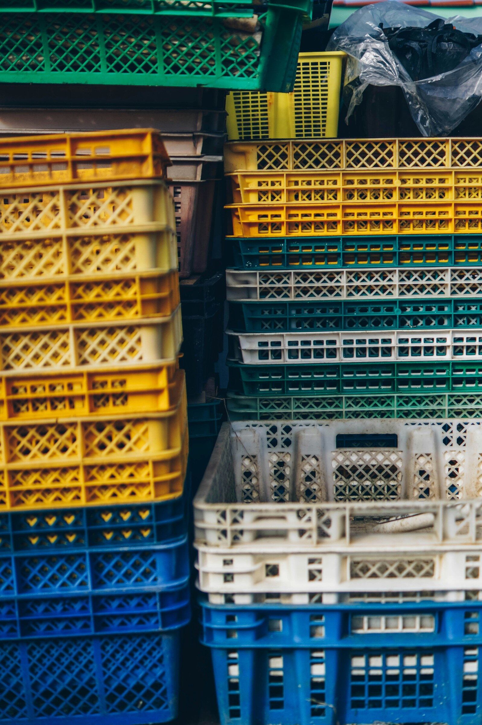 Stacks of plastic supplier crates